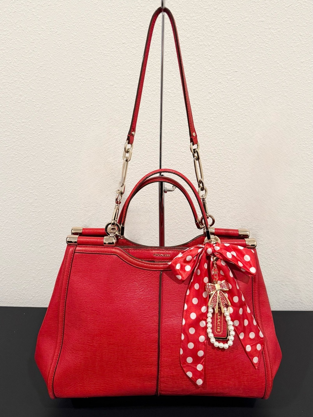 ❤️ Coach Madison Caroline Red Textured Leather Pinnacle Satchel Bag - Rare!
